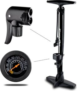 Matzwarte Fietspomp Met Drukmeter én Extra Ventielen - Multifunctioneel Mondstuk – Schrader En Presta – Aluminium Lichtgewicht Vloerpomp – Ballenpomp/ Scooterpomp/ Autobandenpomp