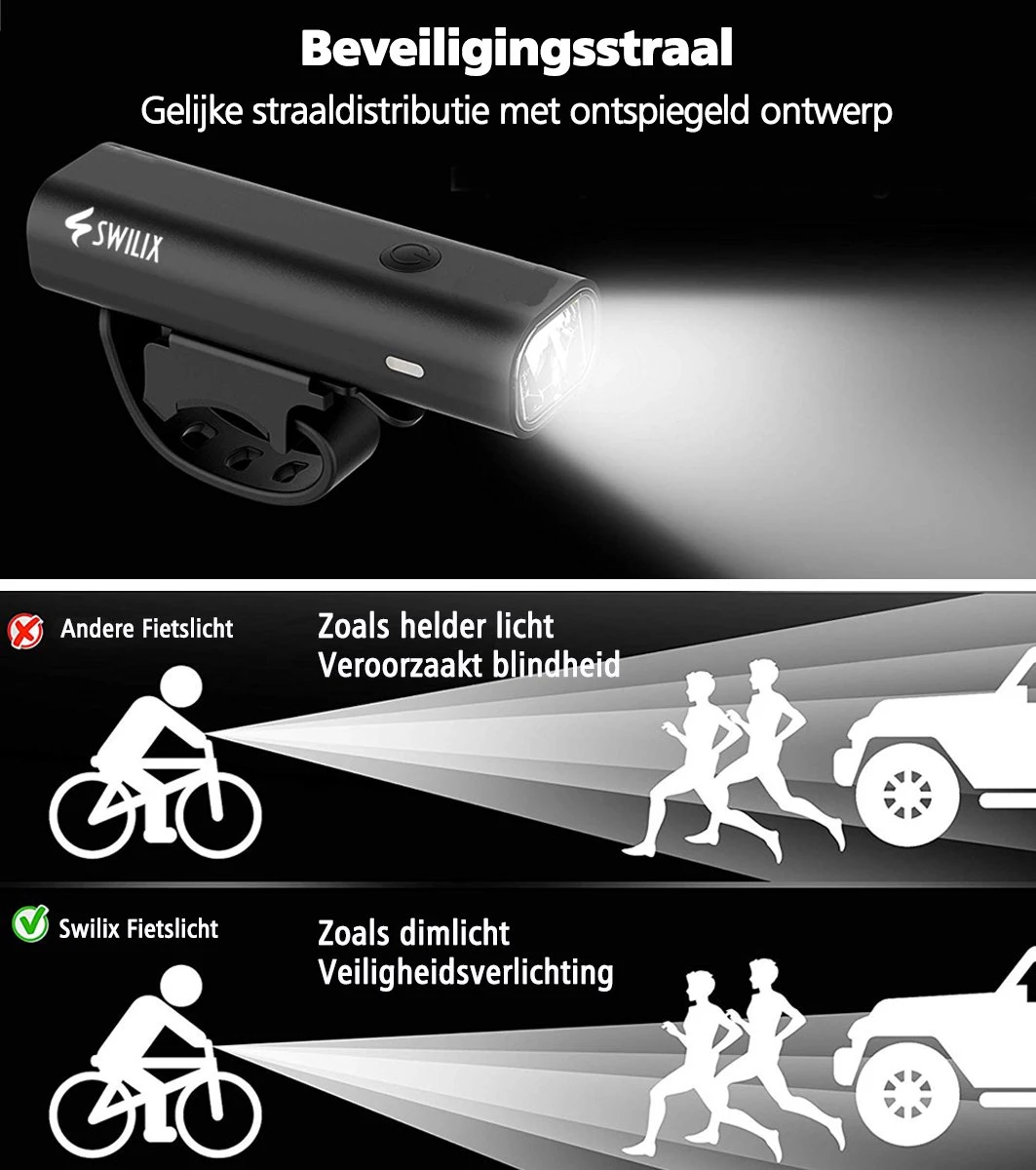 SWILIX ® - Fietsverlichting Set - Oplaadbare USB Led Fietslamp - Voor En Achter - Waterdicht - 4 Lichtstanden - Zwart - Afbeelding 5