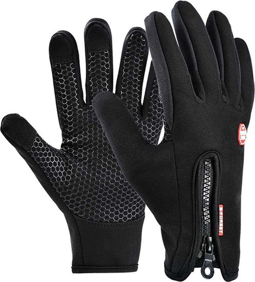 Fietshandschoenen Winter - Handschoenen - Sport Handschoenen Met Rits - Touchscreen Telefoon - Anti Slip Gloves - Heren / Dames - Maat XL - Zwart - Sinterklaas Cadeau - Kerst Cadeautje - Black Friday 2022 Deals