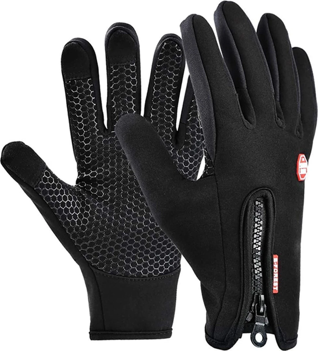 Fietshandschoenen Winter - Handschoenen - Sport Handschoenen Met Rits - Touchscreen Telefoon - Anti Slip Gloves - Heren / Dames - Maat L - Zwart - Sinterklaas Cadeau - Kerst Cadeautje - Black Friday 2022 Deals