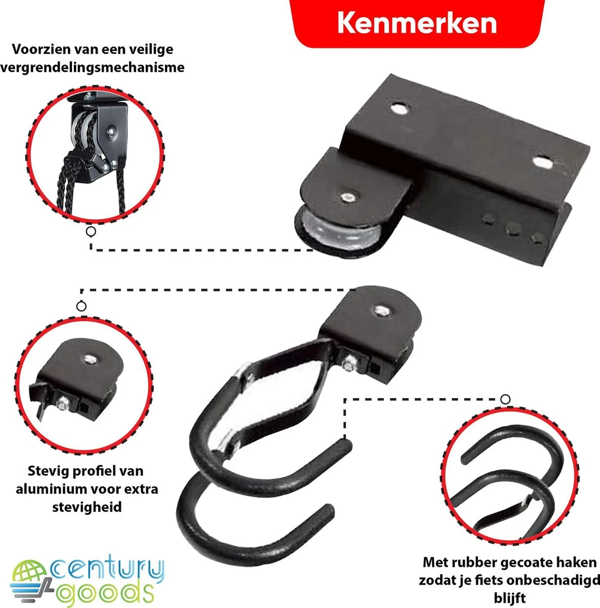Century Goods Fietslift - Fietstakel - Fiets Ophangsysteem - Met Valbeveiliging | 60 Kg Draagkracht - Afbeelding 7