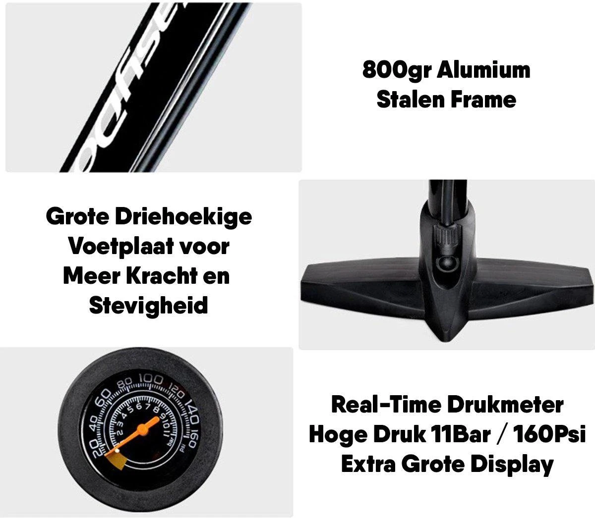 Matzwarte Fietspomp Met Drukmeter én Extra Ventielen - Multifunctioneel Mondstuk – Schrader En Presta – Aluminium Lichtgewicht Vloerpomp – Ballenpomp/ Scooterpomp/ Autobandenpomp - Afbeelding 9