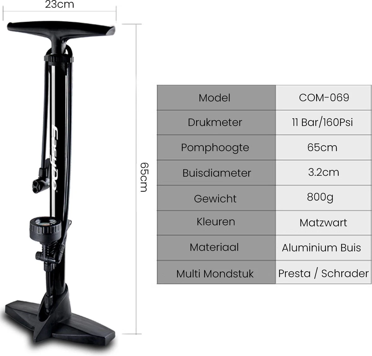 Matzwarte Fietspomp Met Drukmeter én Extra Ventielen - Multifunctioneel Mondstuk – Schrader En Presta – Aluminium Lichtgewicht Vloerpomp – Ballenpomp/ Scooterpomp/ Autobandenpomp - Afbeelding 8