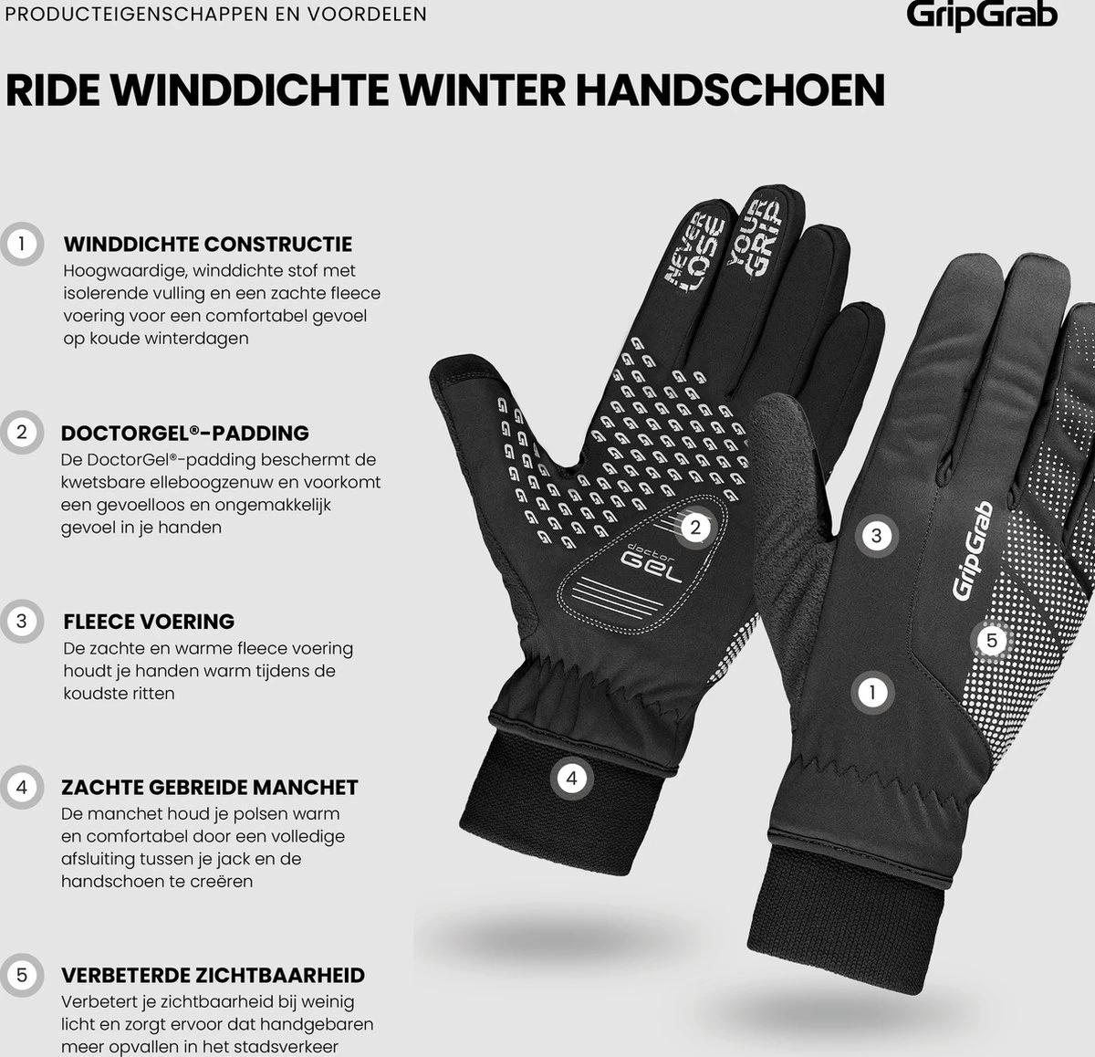 GripGrab - Ride Windproof Winter Gevoerde Padded Fietshandschoenen - Zwart - Unisex - Maat L - Afbeelding 2