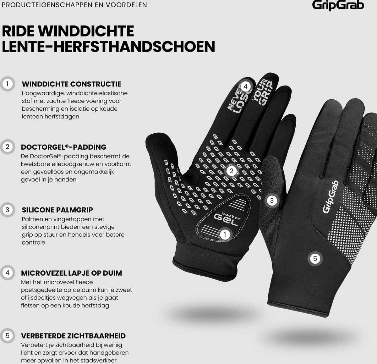 GripGrab - Ride Windproof Lente Herfst Fietshandschoenen Lange Vinger - Zwart - Unisex - Maat XL - Afbeelding 2