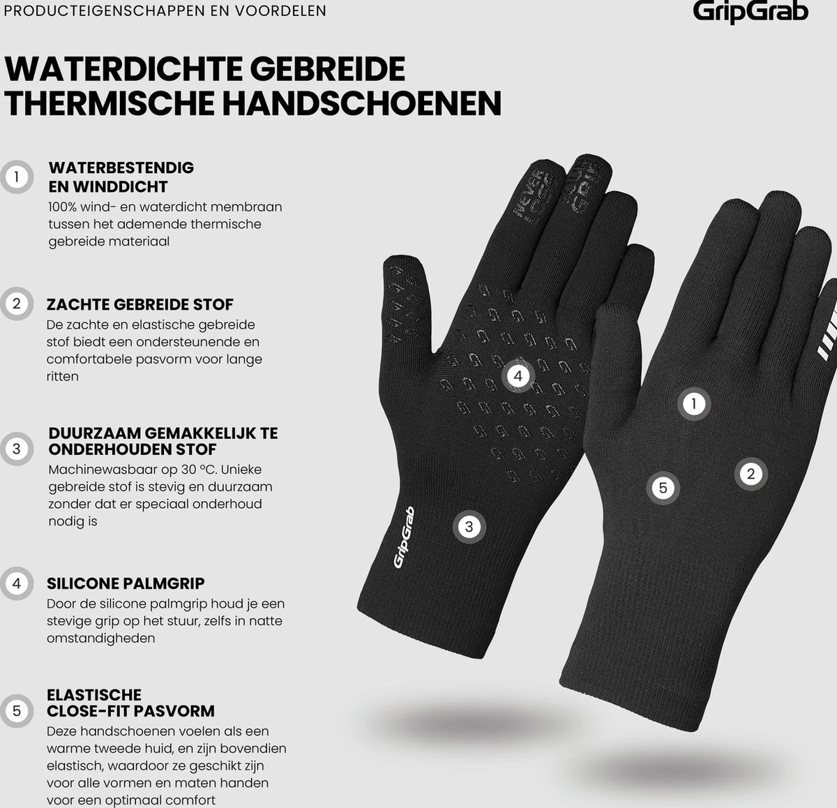 GripGrab - Waterproof Knitted Thermo Fietshandschoenen Regen Handschoenen - Zwart - Unisex - Maat M/L - Afbeelding 2
