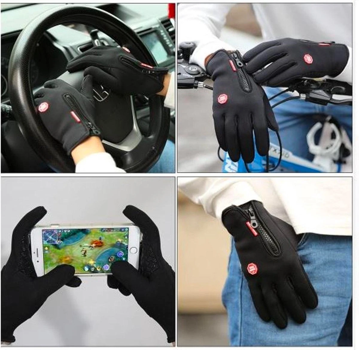 Fietshandschoenen Winter - Handschoenen - Sport Handschoenen Met Rits - Touchscreen Telefoon - Anti Slip Gloves - Heren / Dames - Maat L - Zwart - Sinterklaas Cadeau - Kerst Cadeautje - Black Friday 2022 Deals - Afbeelding 3