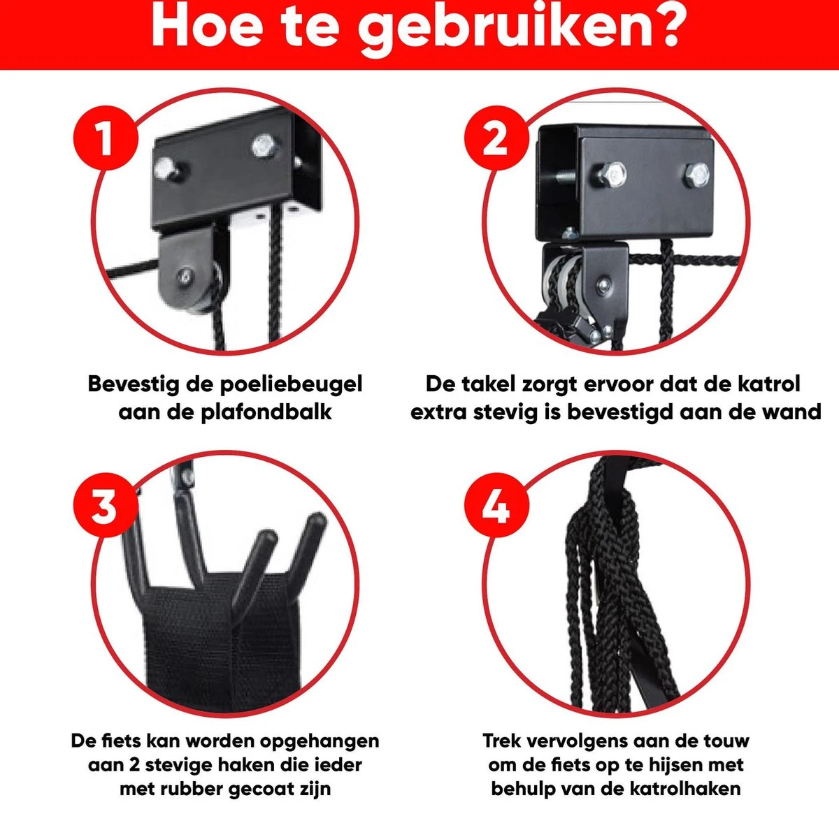 Century Goods Fietslift - Fietstakel - Fiets Ophangsysteem - Met Valbeveiliging | 60 Kg Draagkracht - Afbeelding 5