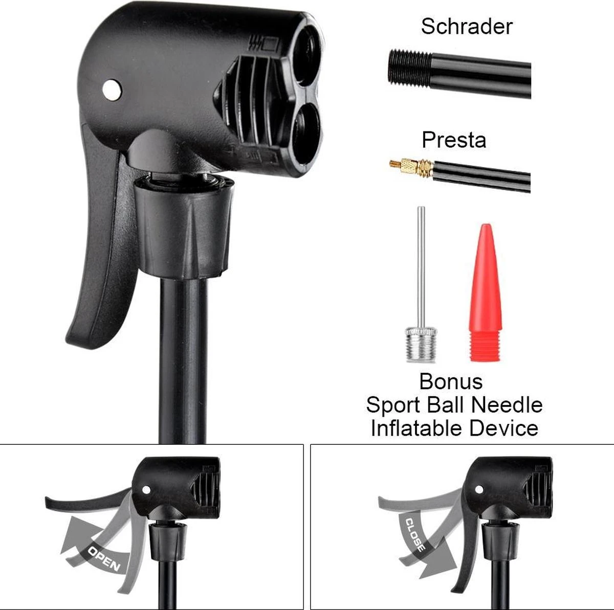 Matzwarte Fietspomp Met Drukmeter én Extra Ventielen - Multifunctioneel Mondstuk – Schrader En Presta – Aluminium Lichtgewicht Vloerpomp – Ballenpomp/ Scooterpomp/ Autobandenpomp - Afbeelding 5