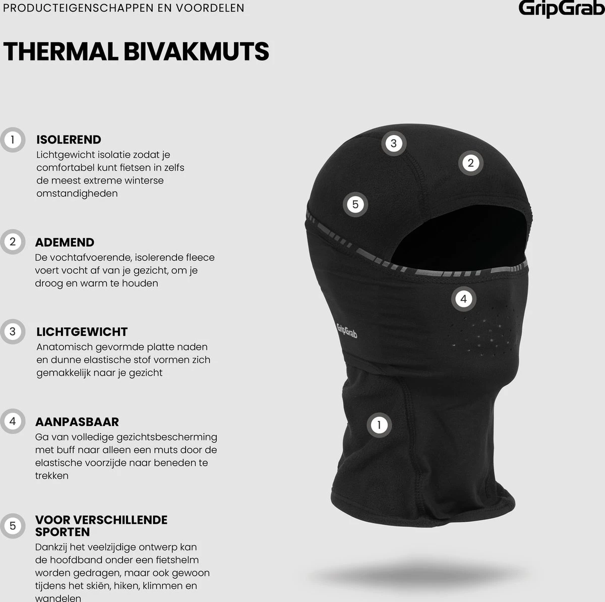 GripGrab - Thermal Balaclava Winter Bivakmuts Fietsen - Zwart - Unisex - Maat L - Afbeelding 2