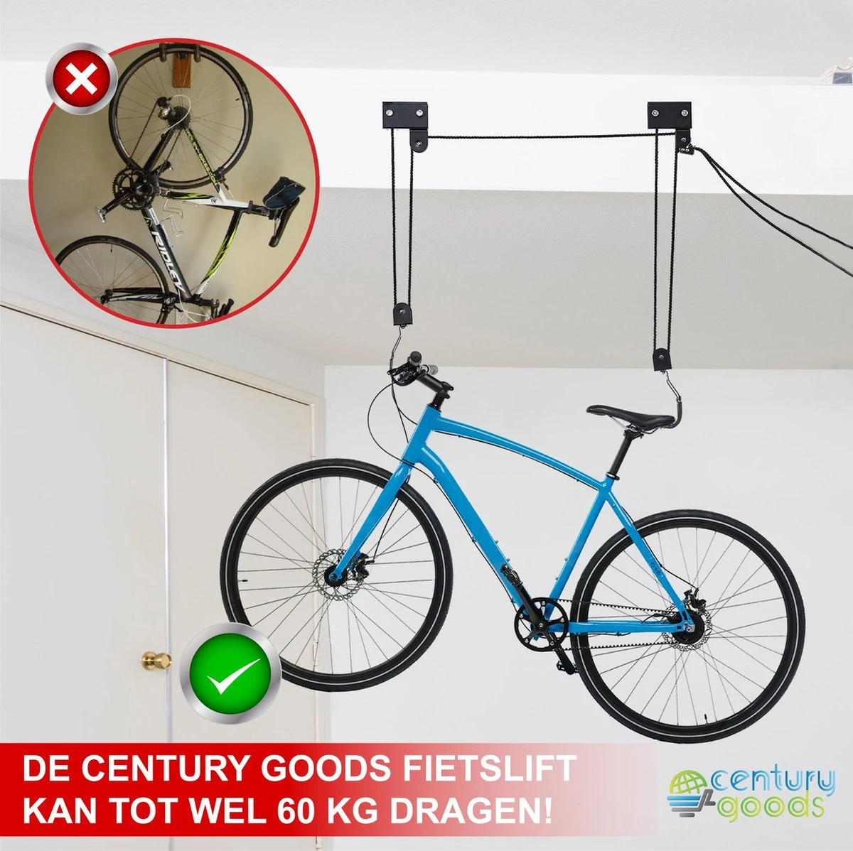 Century Goods Fietslift - Fietstakel - Fiets Ophangsysteem - Met Valbeveiliging | 60 Kg Draagkracht - Afbeelding 3