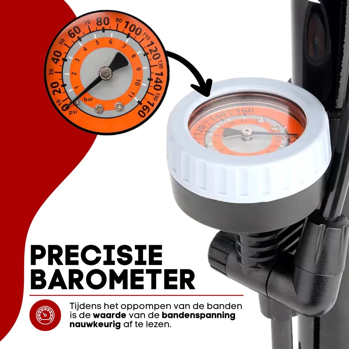 RYER Fietspomp Pro - Drukmeter - Inclusief Banden Reparatieset - Afbeelding 3