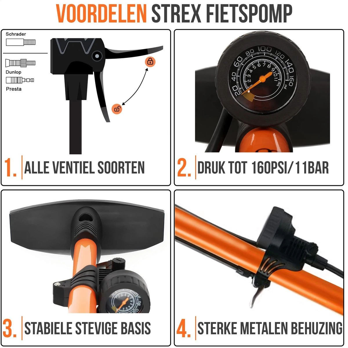 Strex Fietspomp - Drukmeter - 11 Bar – Bal Pomp - Oranje - Afbeelding 7