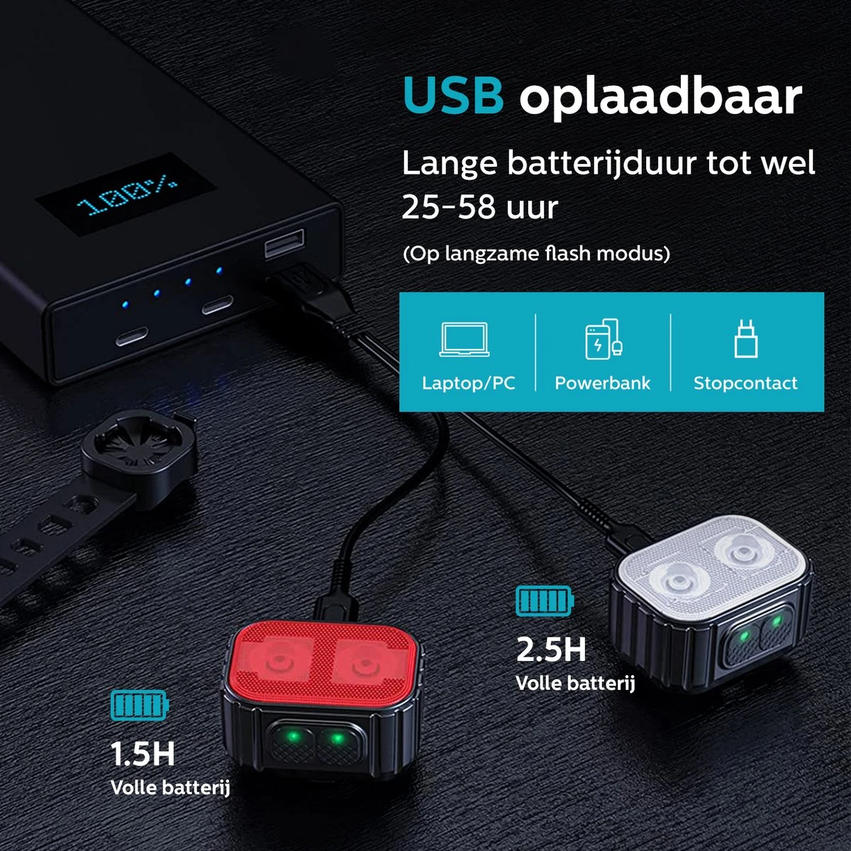 Inlustro Fietslamp Set - Voorlicht / Achterlicht - LED Fietslampjes Rood En Wit - Fietslicht Koplamp - Waterdicht - USB Oplaadbaar - Afbeelding 3