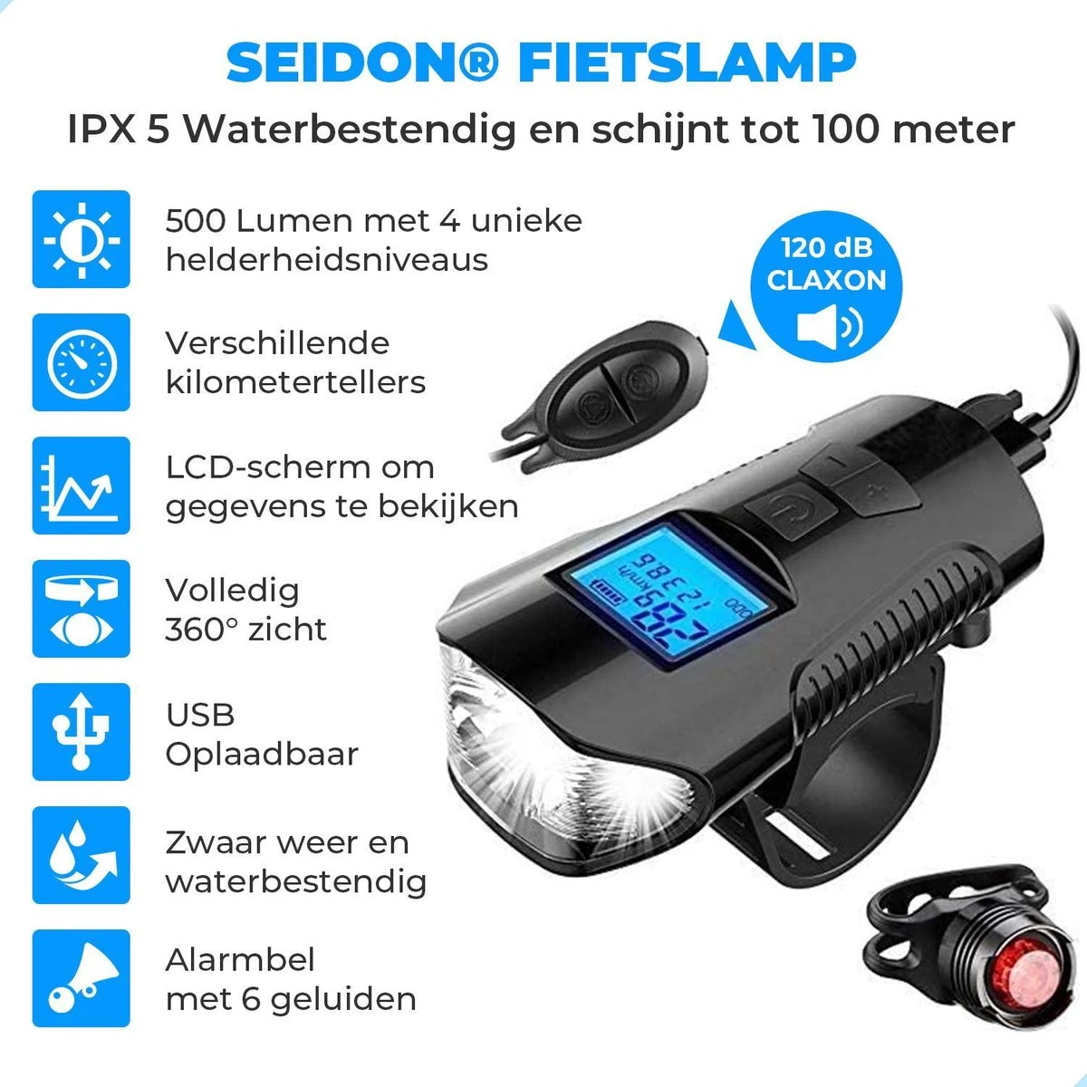 Seidon™ - Fietslamp - Fietsverlichting - Fietslampjes - Fiets Snelheidsmeter - LED Display - Klok - Fietsbel - Afbeelding 2