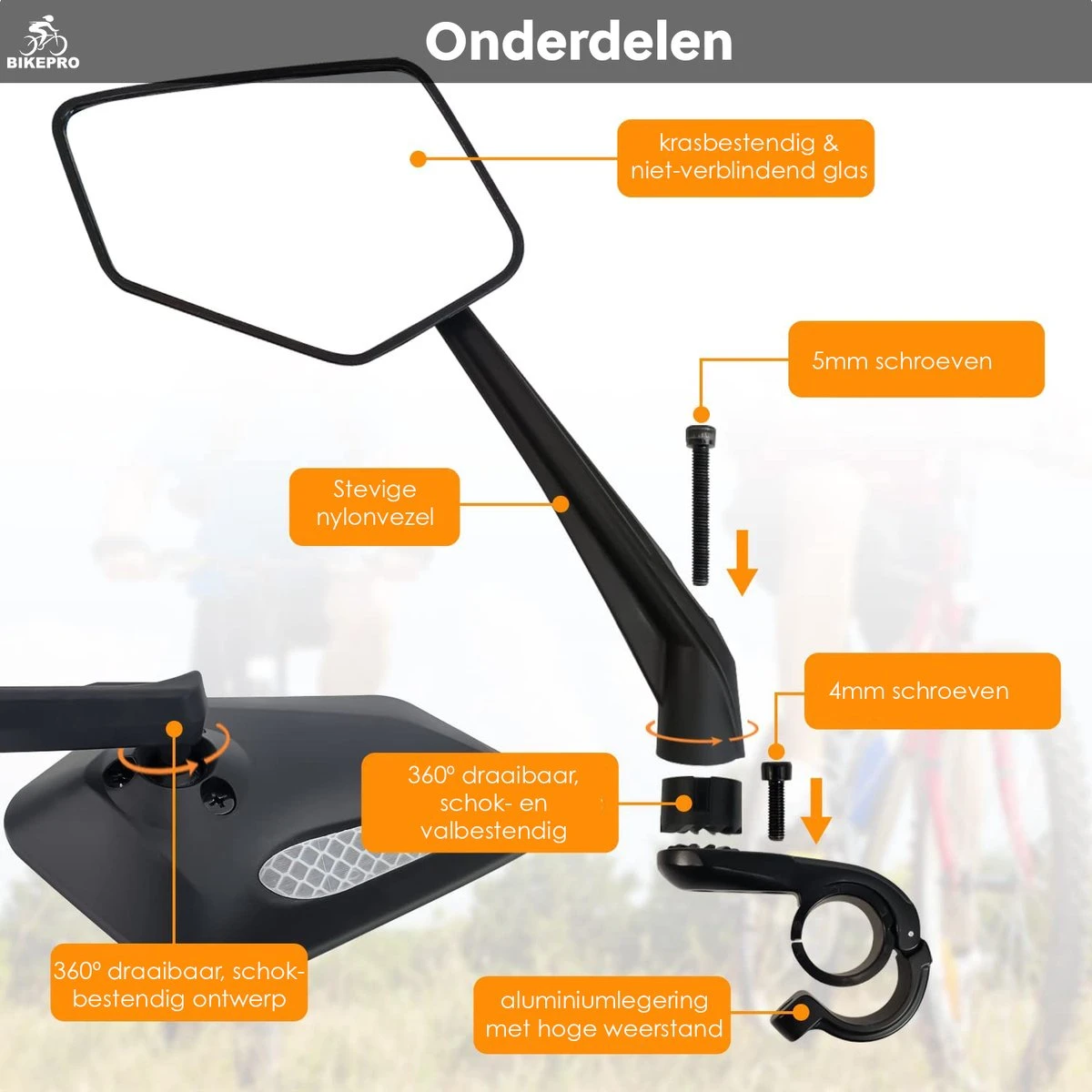 BikePro Verstelbare Fietsspiegel Set Incl. Reflectoren - Links & Rechts - Achteruitkijkspiegel Fiets - Geschikt Voor E Bike, Fiets, Motor, Step - Afbeelding 7