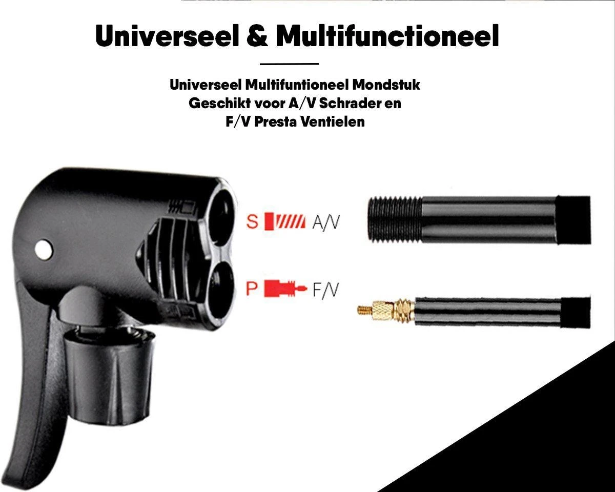 Matzwarte Fietspomp Met Drukmeter én Extra Ventielen - Multifunctioneel Mondstuk – Schrader En Presta – Aluminium Lichtgewicht Vloerpomp – Ballenpomp/ Scooterpomp/ Autobandenpomp - Afbeelding 2